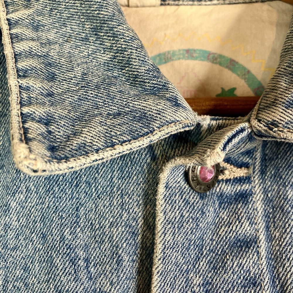 Vintage L.A. Gear Denim Jacket Cropped 80s 90s Logo Patch Teal Pink Y2K Style M - Picture 7 of 16